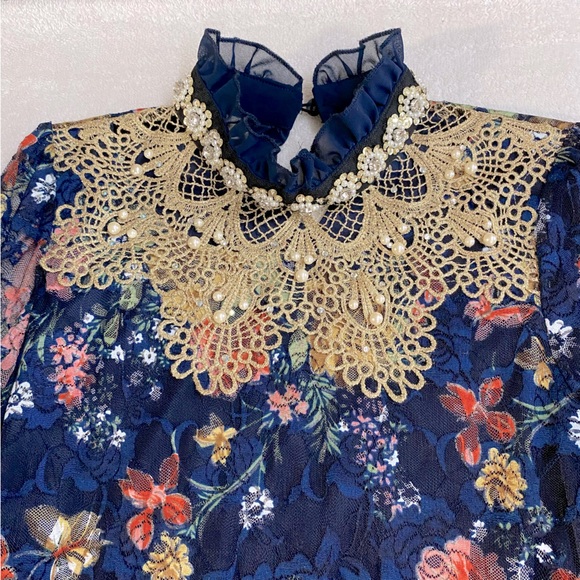 Vintage Y2K Floral Lace Embellished Long Sleeve Mock Neck Top XS - Picture 3 of 16
